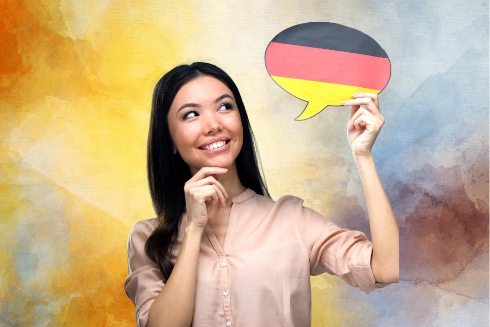 Deutsch lernen Das Foto zeigt eine Frau, die eine Sprechblase in den Farben schwarz-rot-gelb in der Hand hält.